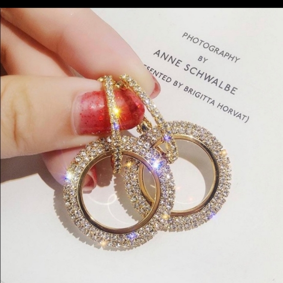 Gray Crystal Double Hoop Earrings - Picture 2 of 4